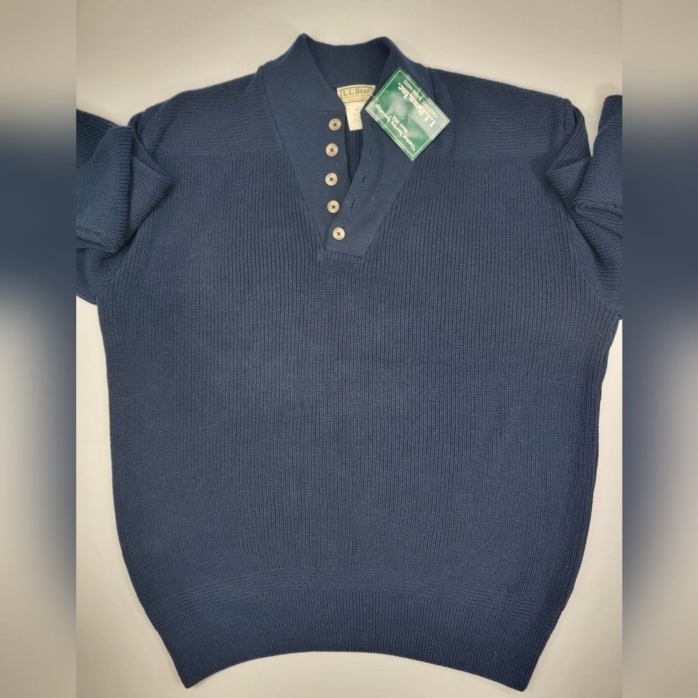 NEW Vintage LL Bean Fisherman Sweater Men's XXL 2XL Henley USA Made Navy Blue - Picture 2 of 15